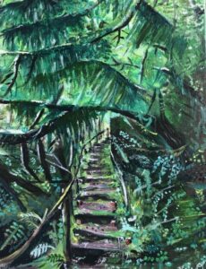 Untitled. 9x 12 acrylic on canvas green jungle with stairs