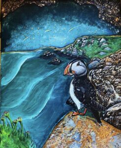 12x16 inch acrylic on canvas Puffin & landscape