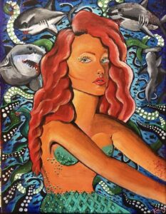 "Unbothered" 12x 16 inch acrylic painting on canvas mermaid with sharks